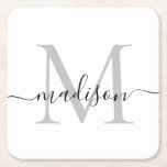 Porta-copo De Papel Quadrado Nome do Script do Monograma da Cinza Personalizada<br><div class="desc">Cinza de prata personalizada moderna Elegante Nome do script de monograma preto Porta copos de papel inicial</div>