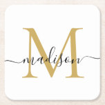 Porta-copo De Papel Quadrado Nome do Script do Monograma Dourado Preto Elegante<br><div class="desc">Elegante Moderno Personalizado Dourado Monograma Nome do Script Inicial de Papel</div>