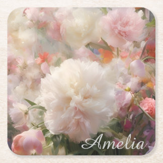 Porta-copo De Papel Quadrado Nome Peônias Rosa e Branco Pintura Aquarela