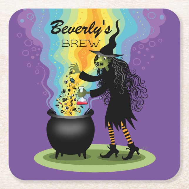 Porta-copo De Papel Quadrado Nome Personalizado Brew Mágico Misturador de Bruxa (Frente)