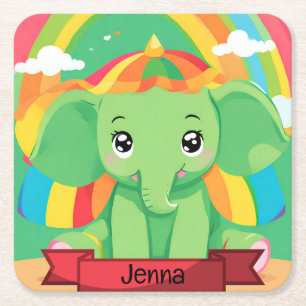 Porta-copo De Papel Quadrado Nome Personalizado do Elefante do Bebê Verde Basta