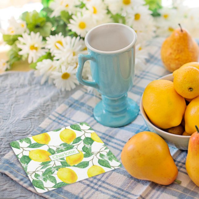 Porta-copo De Papel Quadrado Nome personalizado do padrão-limão amarelo (Criador carregado)