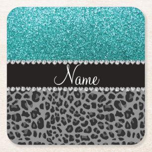 Porta-copo De Papel Quadrado Nome personalizado leopardo negro brilhante azul