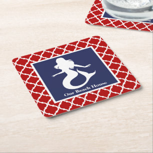 Porta-copo De Papel Quadrado Nome Personalizado Náutico Azul Branco Sereia