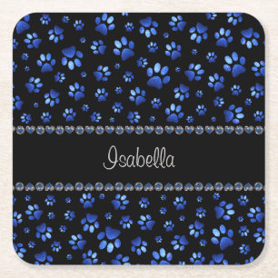 Porta-copo De Papel Quadrado Nome personalizado, patas de cão com brilho azul