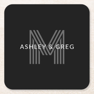 Porta-copo De Papel Quadrado Nome Retro Moderno Editável Monograma Preto e Cinz