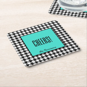 Porta-copo De Papel Quadrado Nome & Saúde! Turquesa Preto Branco Houndstooth 6