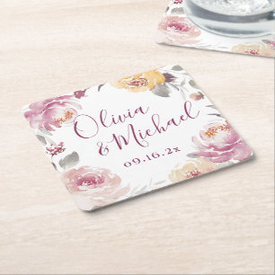 Porta-copo De Papel Quadrado Nomes de casais florais de aquarelas românticas