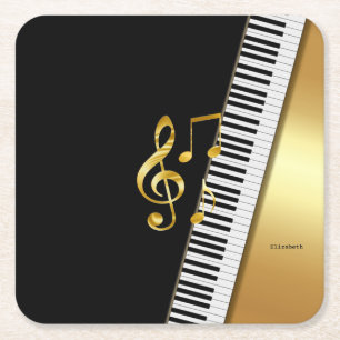 Porta-copo De Papel Quadrado Notas Musicais Preto Dourado Moderno Elegante, Tec