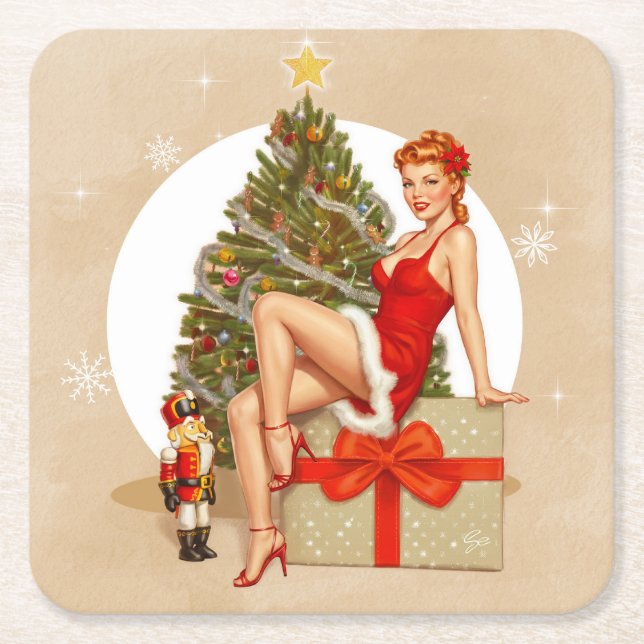 Porta-copo De Papel Quadrado Nutcracker Sweet Retro Pinup Christmas Coaster (Frente)