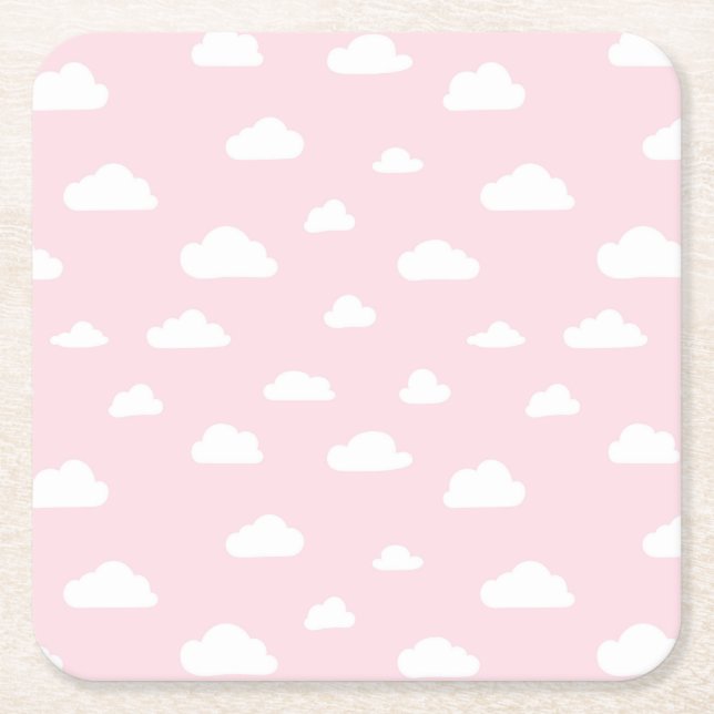 Porta-copo De Papel Quadrado Nuvens brancas de desenho em segundo plano rosa (Frente)