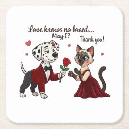 Porta-copo De Papel Quadrado O Amor Não Conhece Raça Dálmata e Gato Siames