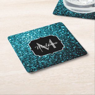 Porta-copo De Papel Quadrado O brilho azul do Aqua bonito sparkles monograma