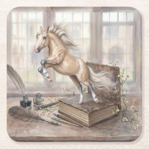 Porta-copo De Papel Quadrado O Cavalo Estudioso Saltando de um Livro