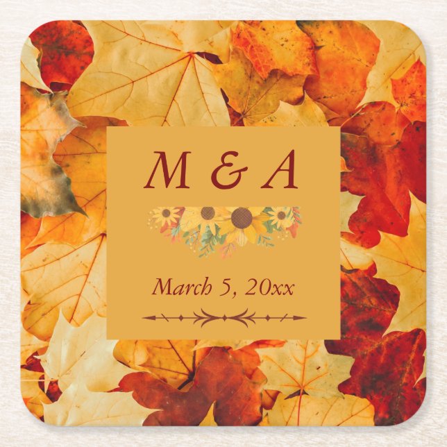 Porta-copo De Papel Quadrado O Elegante Red Dourado Outono Deixa Casamento (Frente)