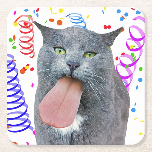 Porta-copo De Papel Quadrado O Gato Da Festa Recebeu Sua Língua? (Frente)
