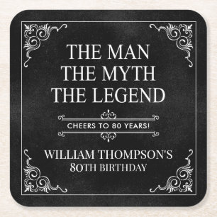 Porta-copo De Papel Quadrado O Homem O Mito A Lenda 80 de Aniversário Negro