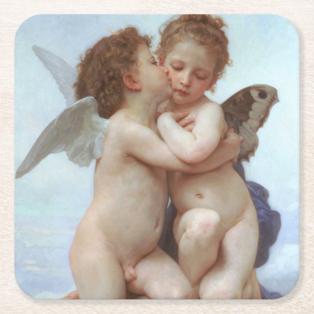 Porta-copo De Papel Quadrado O primeiro beijo, amor e psyche, Bouguereau (Frente)
