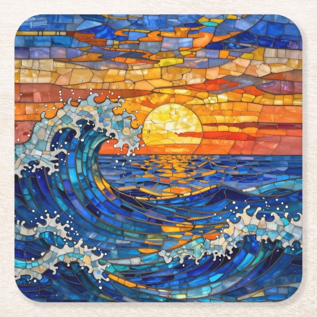 Porta-copo De Papel Quadrado Oceanic Coastal Ocean Waves Sunset   (Frente)