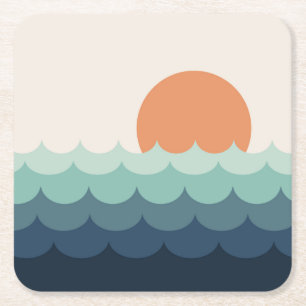 Porta-copo De Papel Quadrado Oceano azul ondulado no pôr do sol