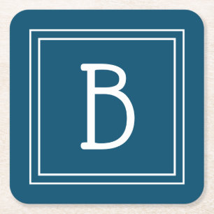 Porta-copo De Papel Quadrado Oceano Monograma Costeiro Azul e Branco Inicial