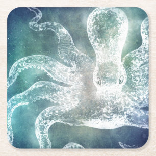 Porta-copo De Papel Quadrado Octopus Meia-Noite Azul Tear Aquarela Vintage Art