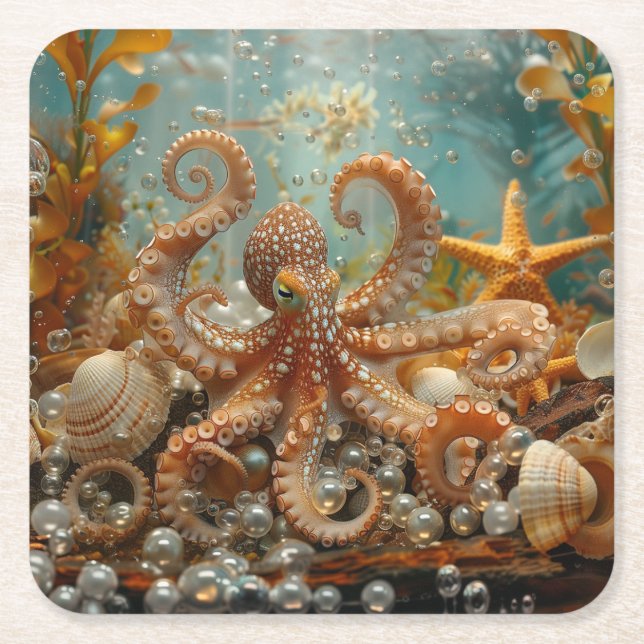 Porta-copo De Papel Quadrado Octopus Seashells Starfish Pérolas Oceanas Tropica (Frente)