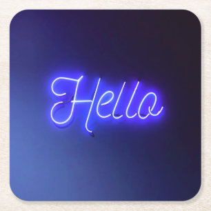 Porta-copo De Papel Quadrado Olá Diversão - Sinal de Neon Azul Brilhante e al