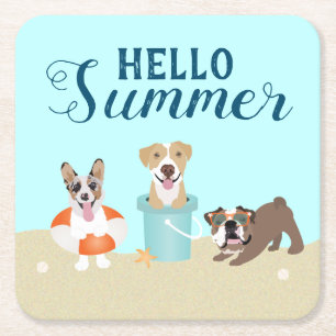 Porta-copo De Papel Quadrado Olá Summer Beach Dogs Blue Orange