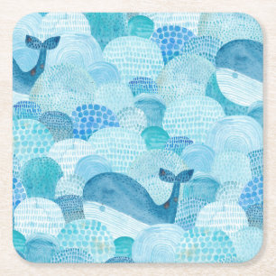 Porta-copo De Papel Quadrado Ondas, baleia, textura azul infantil