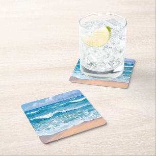 Porta-copo De Papel Quadrado Ondas do Oceano Azul   Arte em Aquarela do Mar da 