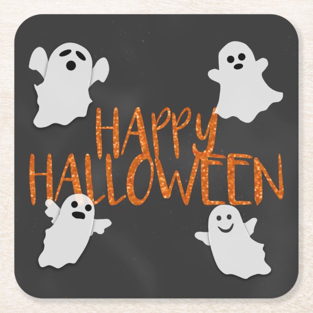Porta-copo De Papel Quadrado Orange Glitter Happy Halloween (Frente)