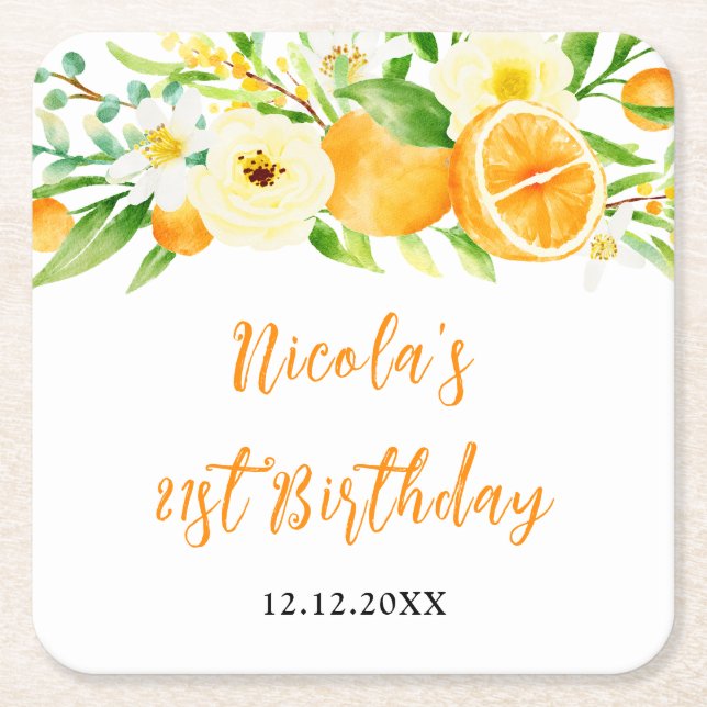 Porta-copo De Papel Quadrado Oranges Citrus Birthday (Frente)