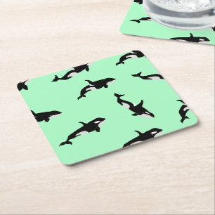 Porta-copo De Papel Quadrado Orca Whale Illustration Pod Pattern Ocean Mint