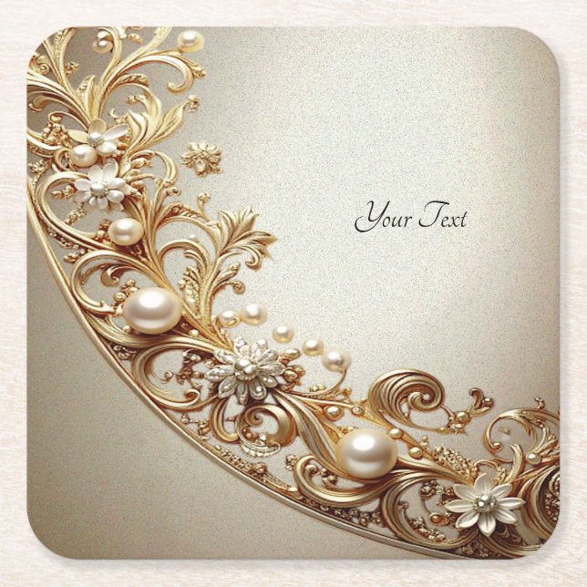Porta-copo De Papel Quadrado Ornate Gold Flourish Paper Coaster (Frente)