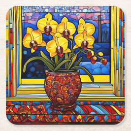 Porta-copo De Papel Quadrado Orquídeas no vaso no windowsill 4