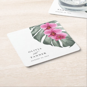 Porta-copo De Papel Quadrado Orquídeas Rosa Quente no Casamento Tropical de Mon