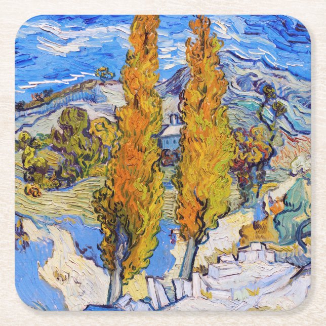Porta-copo De Papel Quadrado Os Poplars em Santo-Rémy, Van Gogh (Frente)