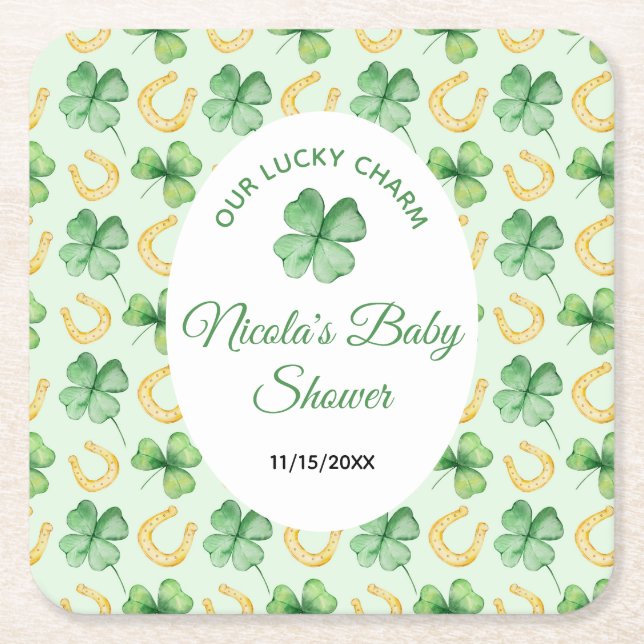 Porta-copo De Papel Quadrado Our Lucky Charm St Patrick's Baby Shower (Frente)