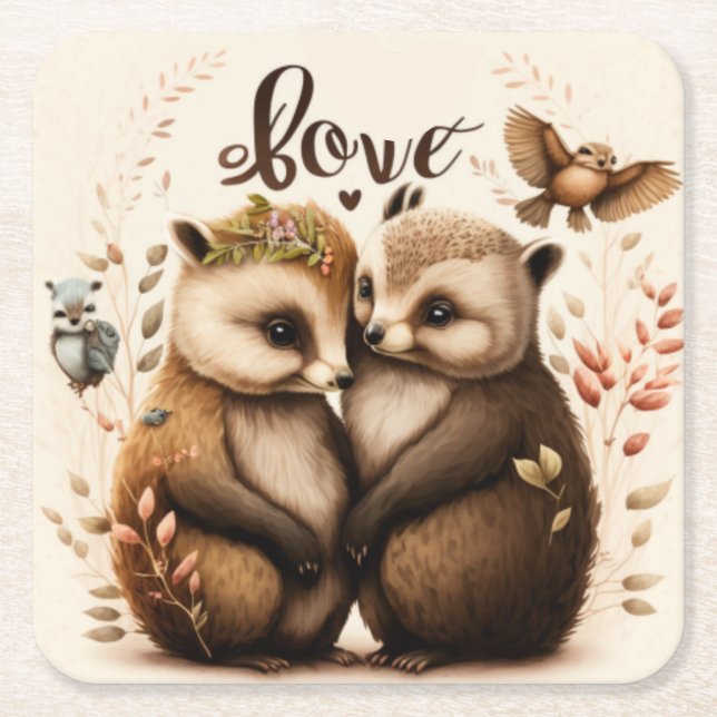 Porta-copo De Papel Quadrado ouriços apaixonados (Frente)