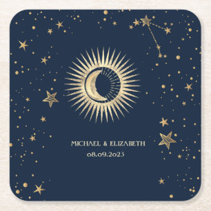 Porta-copo De Papel Quadrado Ouro Celestial Sol e Lua Estrelas
