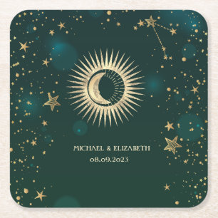 Porta-copo De Papel Quadrado Ouro Celestial Sol e Lua Estrelas Verde