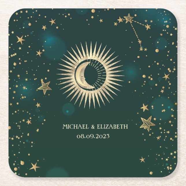 Porta-copo De Papel Quadrado Ouro Celestial Sol e Lua Estrelas Verde (Frente)
