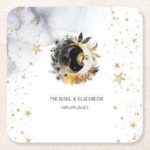 Porta-copo De Papel Quadrado Ouro Celestial Sol, Lua, Estrelas Flores