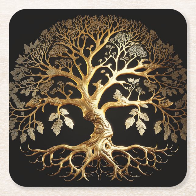 Porta-copo De Papel Quadrado Ouro de Life Yggdrasil (Frente)
