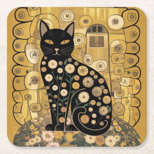 Porta-copo De Papel Quadrado Ouro Decorativo Gustav Klimt Estilo preto de Gato