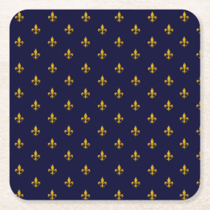 Porta-copo De Papel Quadrado Ouro Fleur de Lis no Marinho Azul
