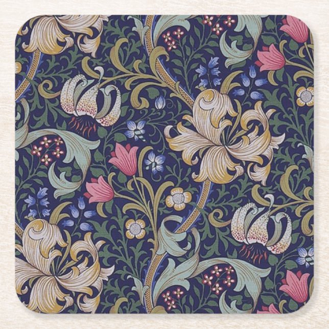 Porta-copo De Papel Quadrado Ouro Lily, William Morris (Frente)