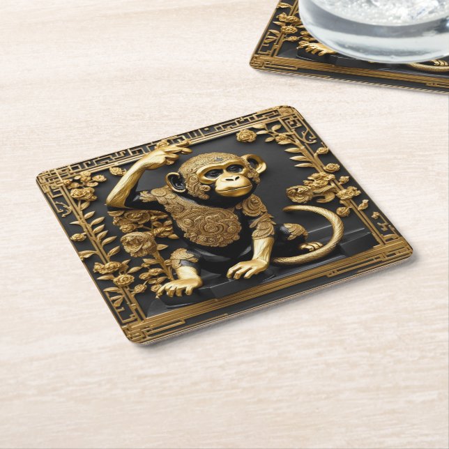 Porta-copo De Papel Quadrado Ouro macaco e quadro ornamental negro (Inclinado)