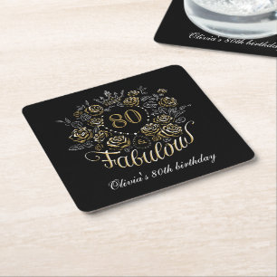 Porta-copo De Papel Quadrado Ouro Preto Elegante Floral 80 & Fabuloso Aniversár